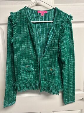 Lilly Pulitzer Green Tweed Knit Cardigan with Aqua Accents